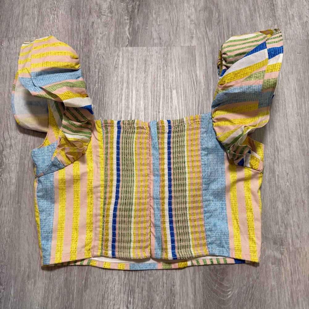 Cara Cara Women's Yellow Cotton Darby Striped Crop Top Size XS Preppy Festival - Picture 3 of 8